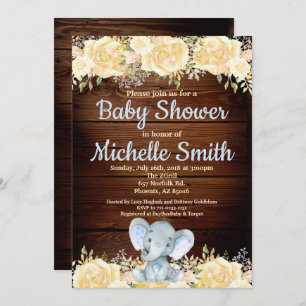 Floral Rustic Blue Boy Wood Elephant Baby shower Kaart
