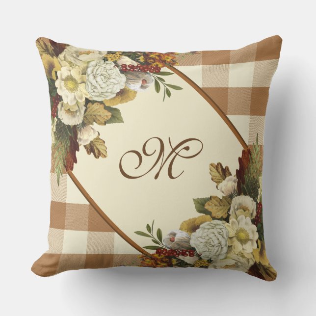  Floral Rustic Buffalo Check Monogram Buitenkussen (Voorkant)