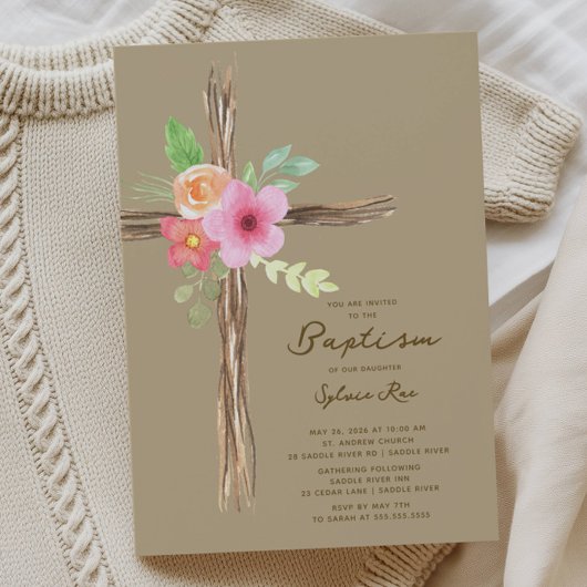 Floral Rustic Cross Baptism Invitation Kaart