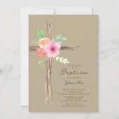 Floral Rustic Cross Baptism Invitation Kaart (Voorkant)