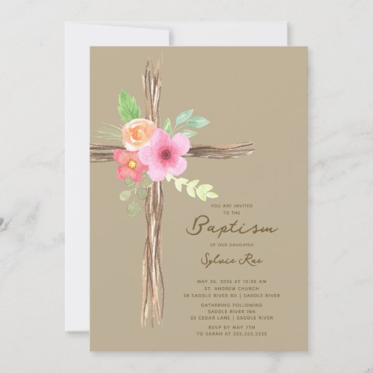 Floral Rustic Cross Baptism Invitation Kaart (Voorkant)