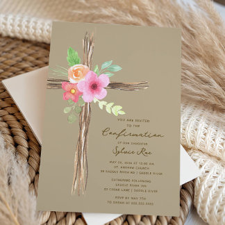 Floral Rustic Cross Confirmation Invitation Kaart