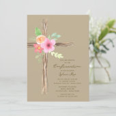 Floral Rustic Cross Confirmation Invitation Kaart (Staand voorkant)