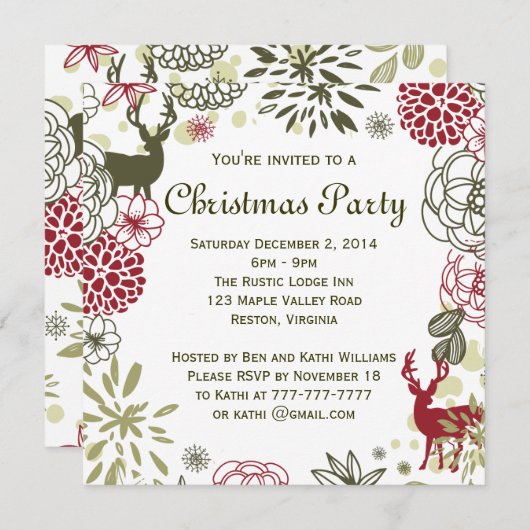 Floral Rustic Deer - Uitnodiging voor Kerstmis (Voorkant / Achterkant)