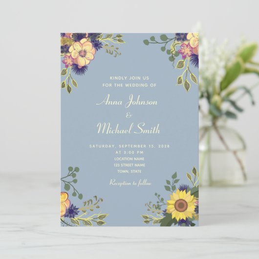 Floral Rustic Dusty Blue Wedding Kaart (Staand voorkant)