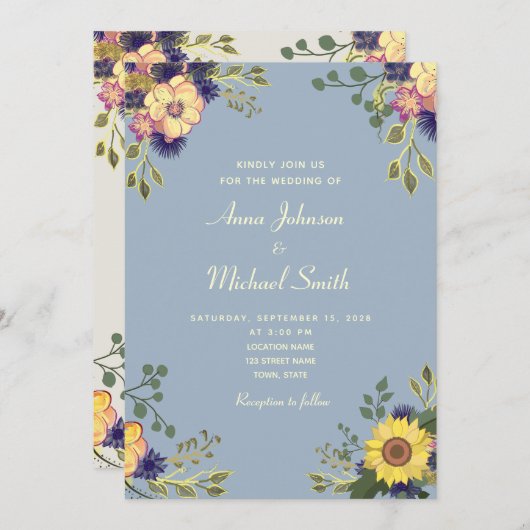 Floral Rustic Dusty Blue Wedding Kaart (Voorkant / Achterkant)