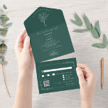Floral Rustic Emerald Wedding QR Code All All In One Uitnodiging<br><div class="desc">Terracotta kleurenillustratie van de  olielantaarn met de botanische grens van de lijnkunst. Achtergrond is smaragdgroen. Omvat rsvp. De buitenachtergrond is niet wit met emerald tekst en illustraties.</div>