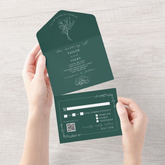 Floral Rustic Emerald Wedding QR Code All All In One Uitnodiging (Afscheurbaar)