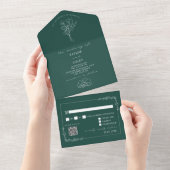 Floral Rustic Emerald Wedding QR Code All In One Uitnodiging (Afscheurbaar)