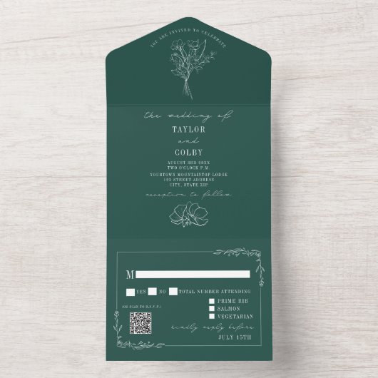  Floral Rustic Emerald Wedding QR Code All In One Uitnodiging (Binnen)