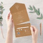 Floral Rustic Goldenrod Wedding QR Code All In One Uitnodiging<br><div class="desc">Terracotta kleurenillustratie van lijnkunstbouquet en bloemen. Achtergrond is goudgeel. Omvat rsvp. De buitenachtergrond is van wit met goudkleurige tekst en illustraties.</div>