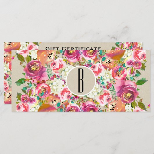 Floral Rustic Kraft Monogram Cadeaubon (Voorkant / Achterkant)