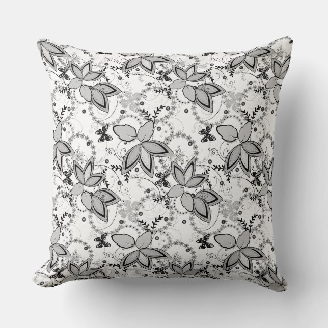 Floral rustic pattern retro black and white  kussen (Voorkant)