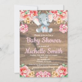 Floral Rustic Pink Girl Wood Elephant Baby shower Kaart