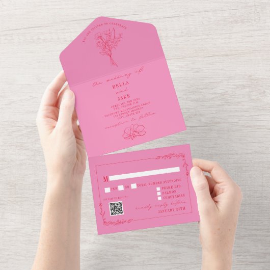 Floral Rustic Pink + Roodd QR Code Weddenschap All In One Uitnodiging (Afscheurbaar)