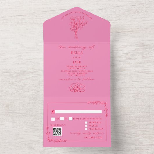 Floral Rustic Pink + Roodd QR Code Weddenschap All In One Uitnodiging (Binnen)