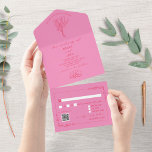 Floral Rustic Pink   Roodd QR Code Weddenschap All In One Uitnodiging<br><div class="desc">Rode florale illustraties en tekst met een botanische grens voor lijnkunst. Achtergrond is roze.</div>