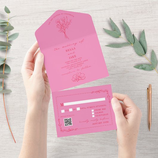 Floral Rustic Pink + Roodd QR Code Weddenschap All In One Uitnodiging