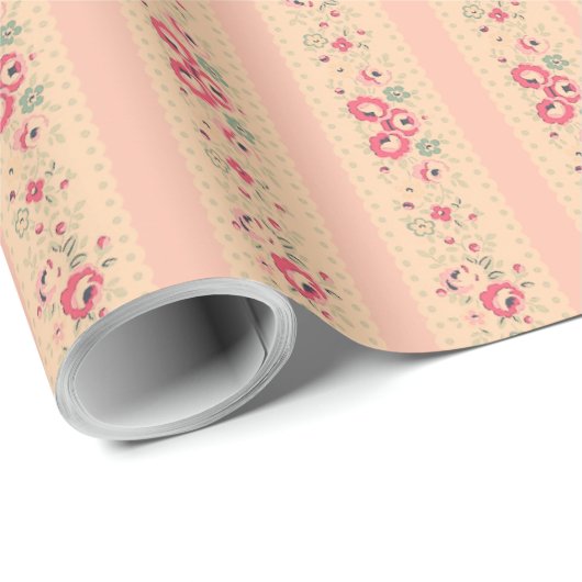 Floral Rustic Pink Shabby  Retro Stripe Cadeaupapier (Rol Hoek)