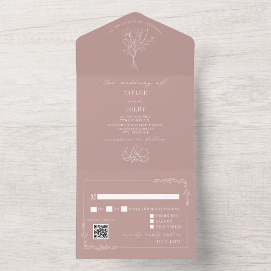 Floral Rustic Pink Wedding QR Code All In One Uitnodiging (Binnen)