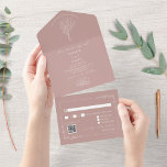 Floral Rustic Pink Wedding QR Code All In One Uitnodiging<br><div class="desc">Terracotta kleurenillustratie van de  olielantaarn met de botanische grens van de lijnkunst. Achtergrond is een gedempte aardtoon met een stoffige wazige roze. Omvat rsvp. De buitenkant achtergrond is van wit met roze teksten en illustraties.</div>