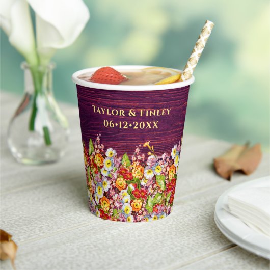  Floral Rustic Primrose Burgundy Wedding Papieren Bekers (Insitu)