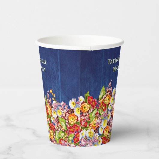 Floral Rustic Primrose Navy Blue Wedding Papieren Bekers (Rechts)