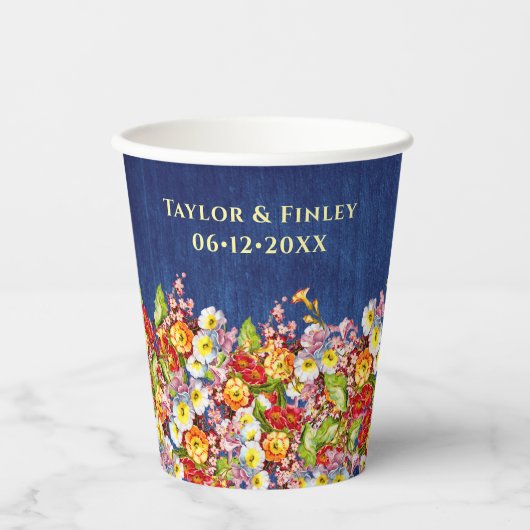 Floral Rustic Primrose Navy Blue Wedding Papieren Bekers (Voorkant)