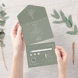 Floral Rustic Sage Green QR Code Weddenschap All In One Uitnodiging<br><div class="desc">Rode florale illustraties en tekst met een botanische grens voor lijnkunst. Achtergrond is groen.</div>