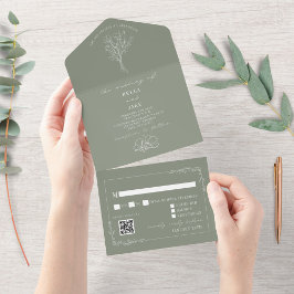  Floral Rustic Sage Green QR Code Weddenschap All In One Uitnodiging