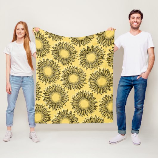 Floral Rustic Sunflower Hand Drawn Fleece Deken (In situ)