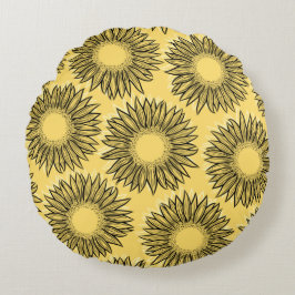 Floral Rustic Sunflower Hand Drawn Rond Kussen