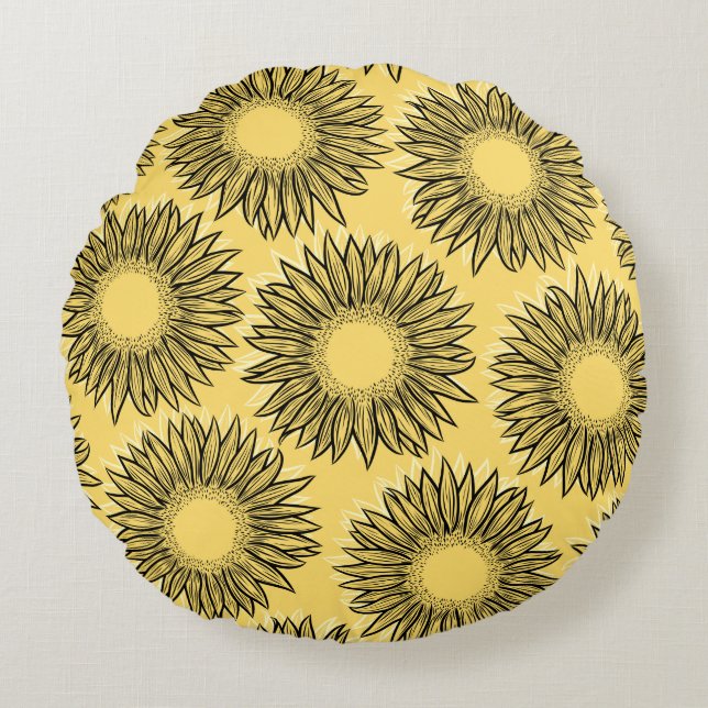 Floral Rustic Sunflower Hand Drawn Rond Kussen (Voorkant)