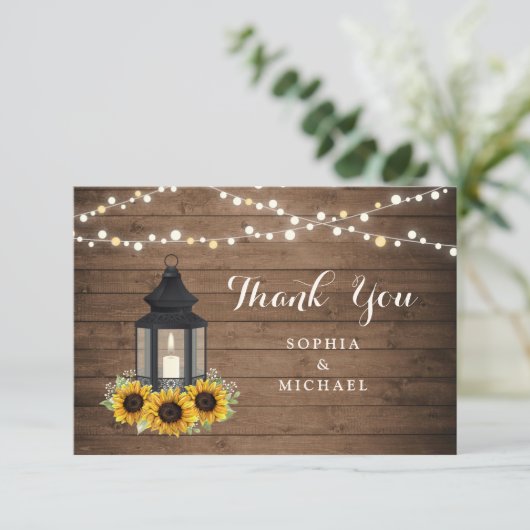 Floral Rustic Sunflower Lantern Wood String Lights Bedankkaart (Staand voorkant)