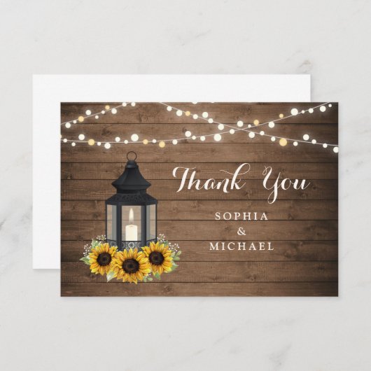 Floral Rustic Sunflower Lantern Wood String Lights Bedankkaart (Voorkant / Achterkant)