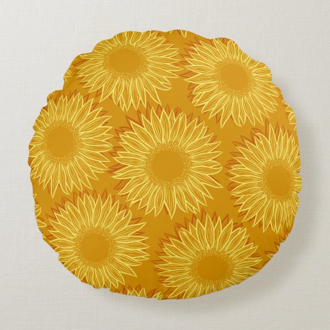 Floral Rustic Sunflower Light Hand Drawn Rond Kussen (Voorkant)