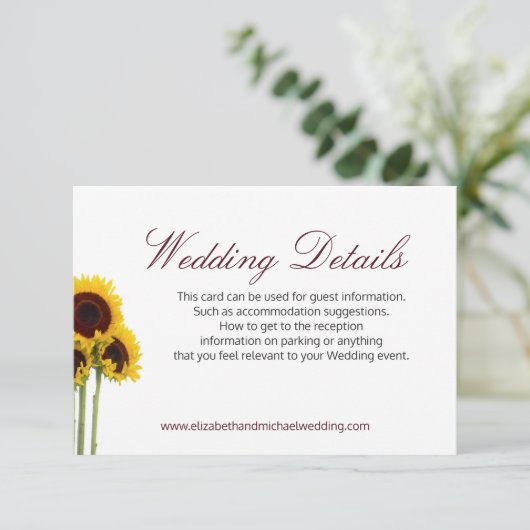 Floral Rustic Sunflower Wedding — Details Card Save The Date (Staand voorkant)