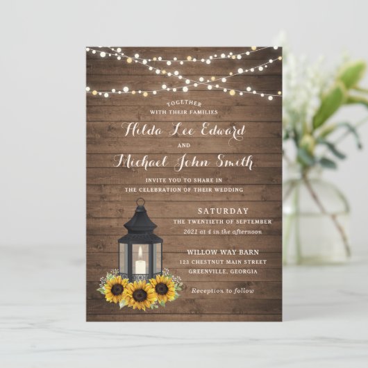 Floral Rustic Sunflower Wood Lantern String Lights Kaart (Staand voorkant)