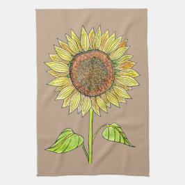  Floral Rustic Taupe Waterverf Zonnebloem Theedoek