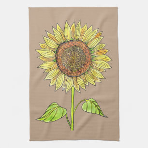 Floral Rustic Taupe Waterverf Zonnebloem Theedoek