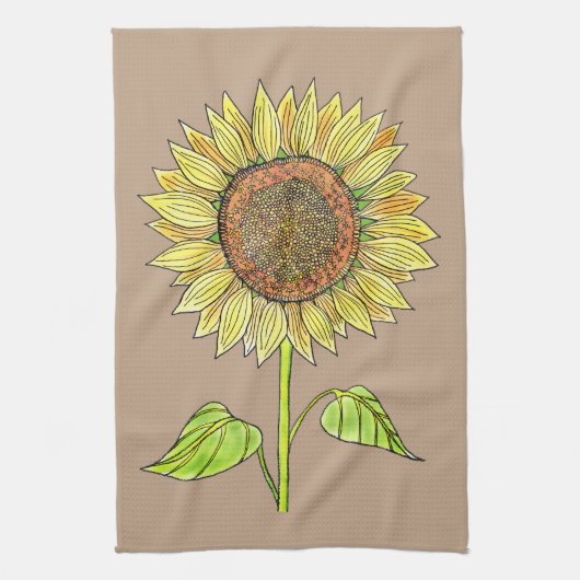  Floral Rustic Taupe Waterverf Zonnebloem Theedoek (Verticaal)