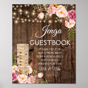 Floral Rustic Wedding Jenga Guest Book Sign Poster