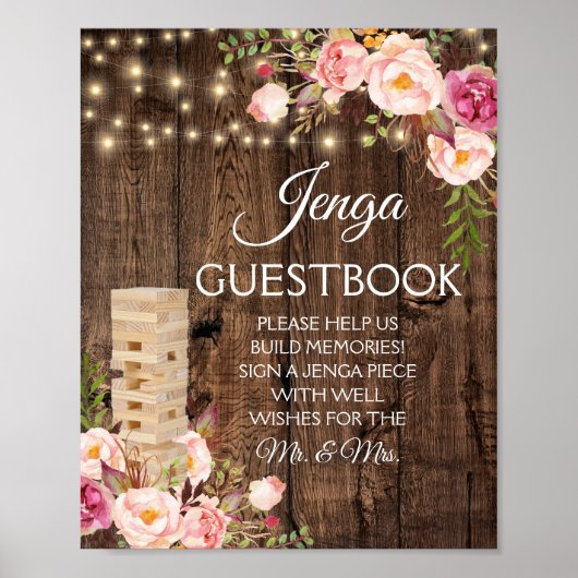Floral Rustic Wedding Jenga Guest Book Sign Poster (Voorkant)