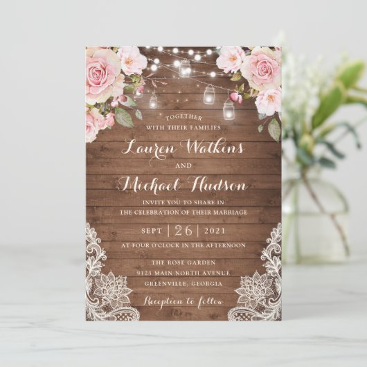 Floral Rustic Wood Blush Rozen String Lights Kaart (Staand voorkant)