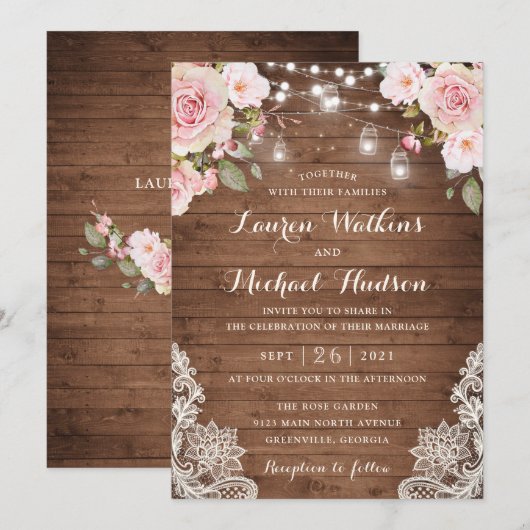 Floral Rustic Wood Blush Rozen String Lights Kaart (Voorkant / Achterkant)