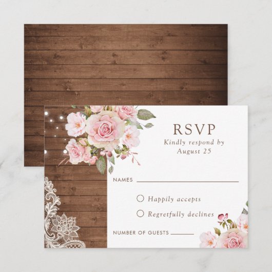 Floral Rustic Wood Blush Rozen String Lights RSVP Kaart (Voorkant / Achterkant)