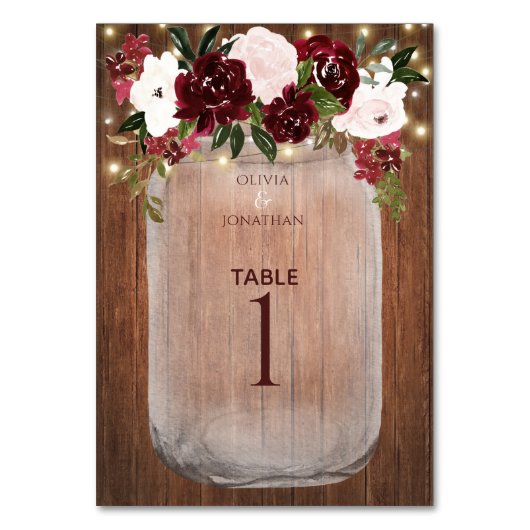 Floral Rustic Wood Burgundy Mason Jar Wedding Kaart (Achterkant)
