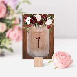 Floral Rustic Wood Burgundy Mason Jar Wedding Kaart