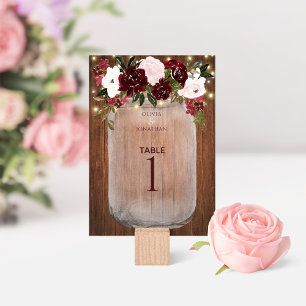 Floral Rustic Wood Burgundy Mason Jar Wedding Kaart