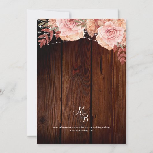Floral Rustic Wood en String Lights Wedding Kaart (Achterkant)